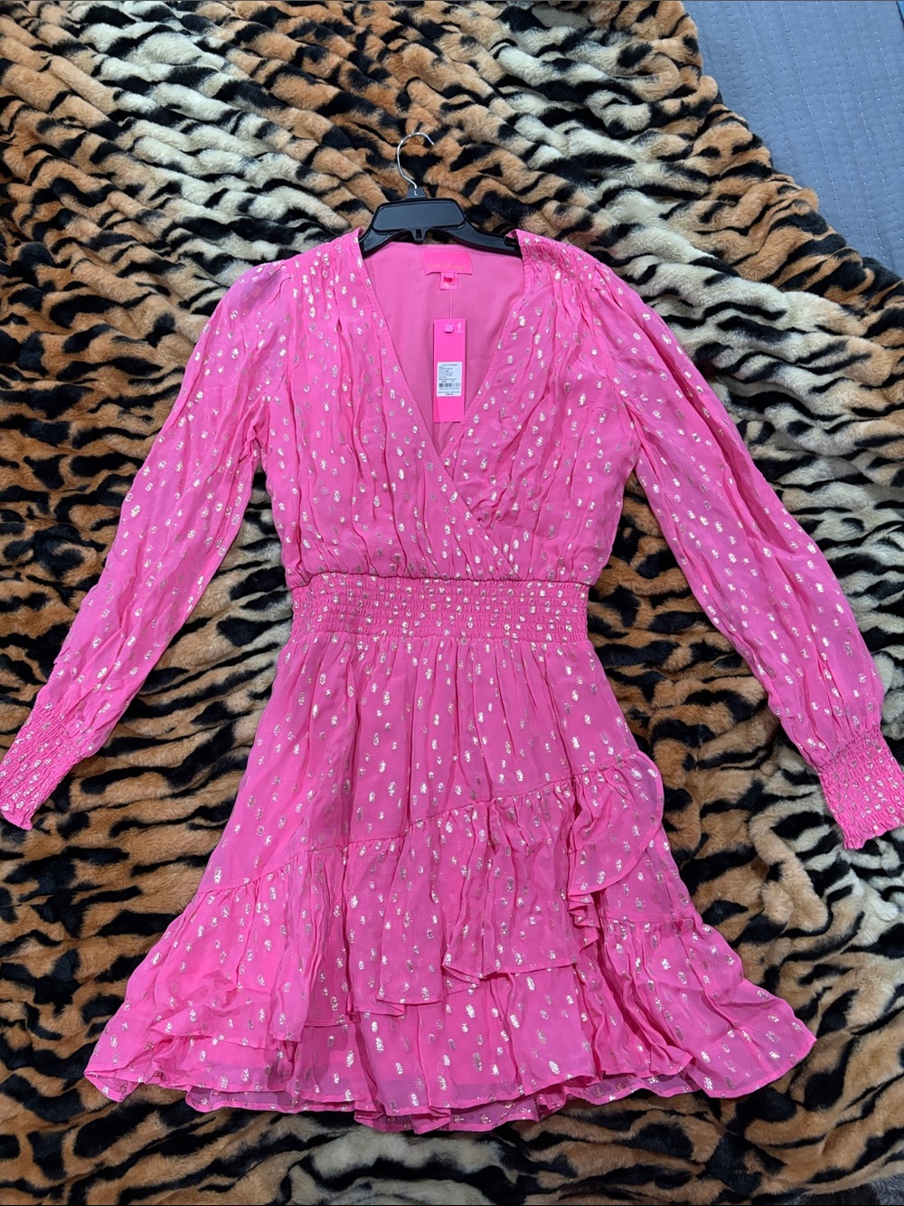 NWT Lilly Pulitzer pink and gold mini dress long sleeve